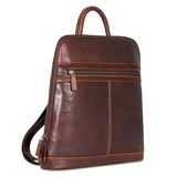 Jack Georges Voyager Adele Slim Backpack in brown leather with adjustable straps and multiple compartments.