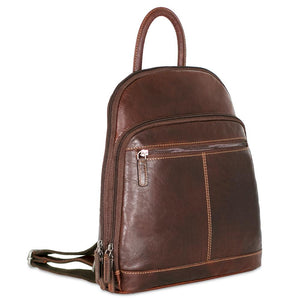 Jack Georges Voyager small backpack in brown leather, featuring adjustable straps, front pocket, and top handle.
