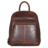 Jack Georges Voyager small backpack in brown leather, front view showing compact design and sturdy straps.