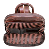 Interior view of the Jack Georges Voyager Small Backpack showing compartments and leather details.