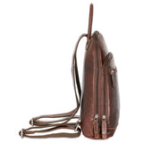 Jack Georges Voyager small backpack in brown, side view showing compact design and adjustable shoulder straps.