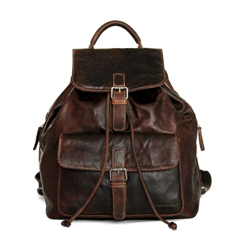 Jack Georges Voyager drawstring backpack with leather accents, featuring adjustable straps and spacious interior for everyday use.