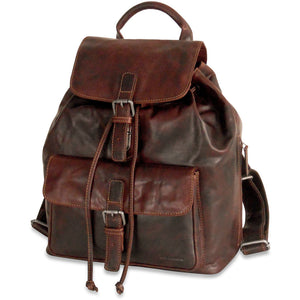 Jack Georges Voyager drawstring backpack with leather accents, adjustable straps, and spacious main compartment.