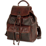 Jack Georges Voyager drawstring backpack with leather accents, adjustable straps, and spacious main compartment.