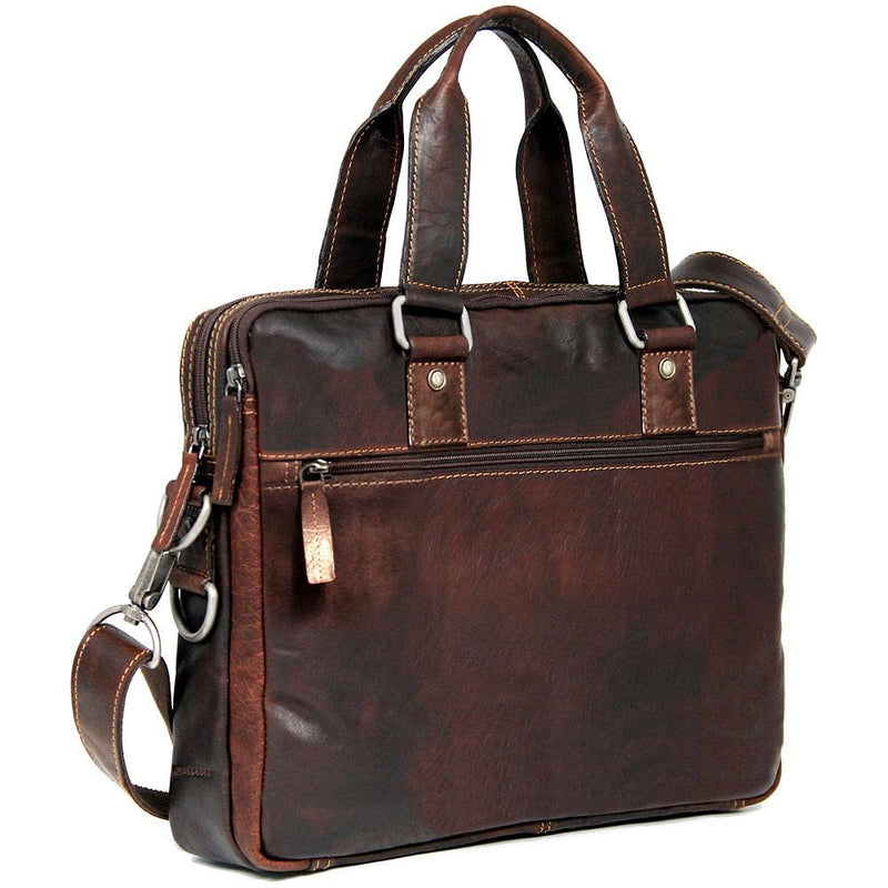 Brown Jack Georges Voyager Professional Zippered Briefcase with multiple compartments and sleek leather design.