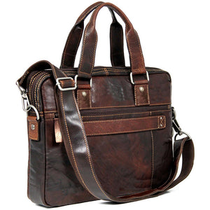Brown Jack Georges Voyager Professional Zippered Briefcase showing front view with handles and zipper closure.