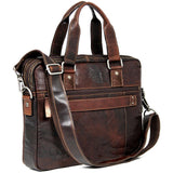 Brown Jack Georges Voyager Professional Zippered Briefcase showing front view with handles and zipper closure.