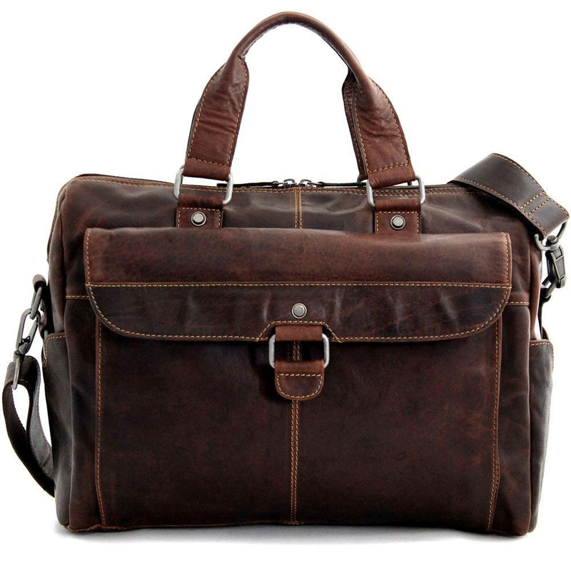 Brown Jack Georges Voyager zippered briefcase with front flap pocket and sturdy handles, designed for professional use.