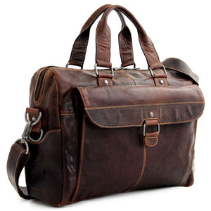 Brown Jack Georges Voyager Zippered Briefcase with front flap pocket, made of leather, showing a sleek professional design.