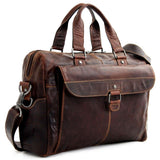 Brown Jack Georges Voyager Zippered Briefcase with front flap pocket, made of leather, showing a sleek professional design.
