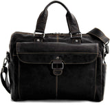 Brown Jack Georges Voyager zipper briefcase with front flap pocket, shown with sturdy handle and secure zipper closure.