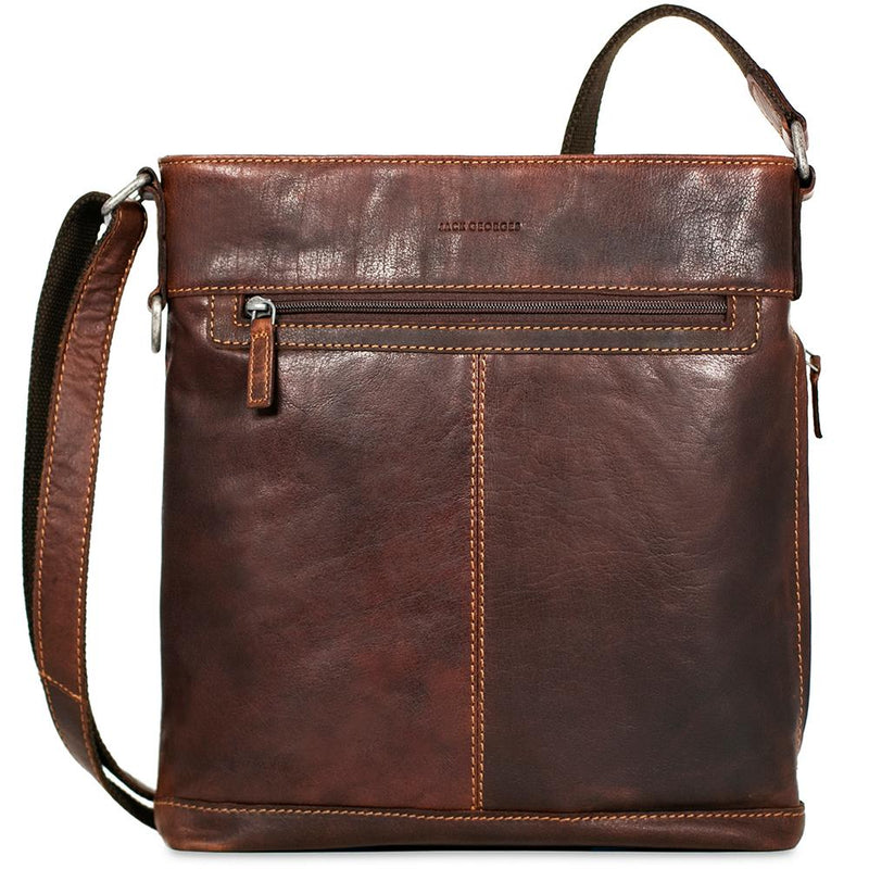 Brown Jack Georges Voyager Crossbody Bag showing adjustable strap and front zip pocket, made of smooth leather.
