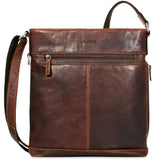 Brown Jack Georges Voyager Crossbody Bag showing adjustable strap and front zip pocket, made of smooth leather.