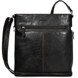 Brown Jack Georges Voyager Crossbody Bag showing adjustable strap, front pockets, and leather texture.