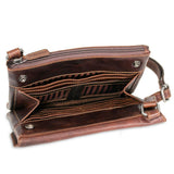 Brown Jack Georges Voyager Wallet on a String crossbody bag with adjustable strap and multiple compartments.