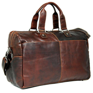 Jack Georges Voyager Day Bag or Duffle in brown leather, featuring sturdy handles and a spacious interior for travel and daily use.