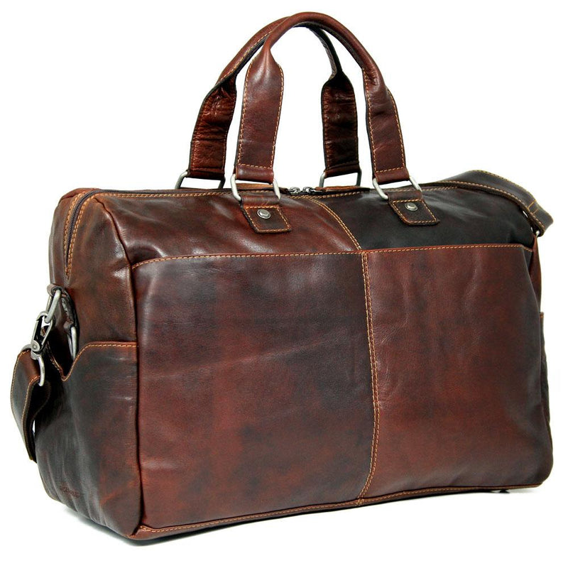 Jack Georges Voyager Day Bag or Duffle in brown leather, featuring sturdy handles and a spacious interior for travel and daily use.