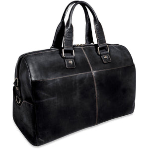 Black Jack Georges Voyager Day Bag duffle with multiple pockets, leather accents, and sturdy handles on a plain background.