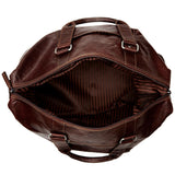 Jack Georges Voyager Duffle Bag in brown with leather accents, featuring sturdy handles and spacious main compartment.