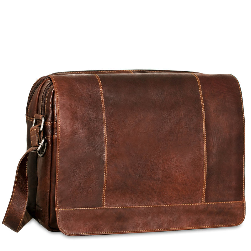 Jack Georges Voyager large travel messenger bag with front flap and adjustable strap, made of brown leather.
