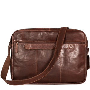 Jack Georges Voyager large travel messenger bag with adjustable strap and multiple compartments, made of durable leather.