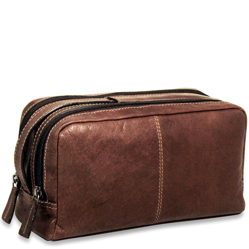 Brown Jack Georges Voyager toiletry bag with zipper and handle, designed for travel organization and convenience.