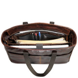 Jack Georges Voyager business tote bag in brown leather with multiple compartments and sturdy handles for professional use.