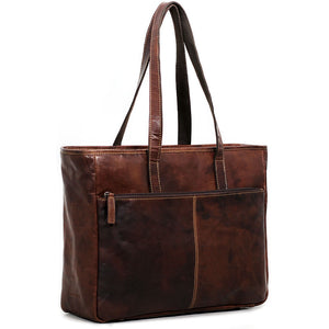 Jack Georges Voyager business tote bag in rich brown leather with multiple compartments and sturdy handles.