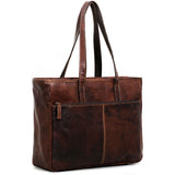 Jack Georges Voyager business tote bag in rich brown leather with multiple compartments and sturdy handles.
