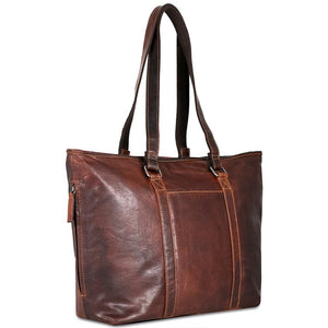 Jack Georges Voyager Shopper Tote bag showing three-quarter view, featuring leather handles and spacious main compartment.