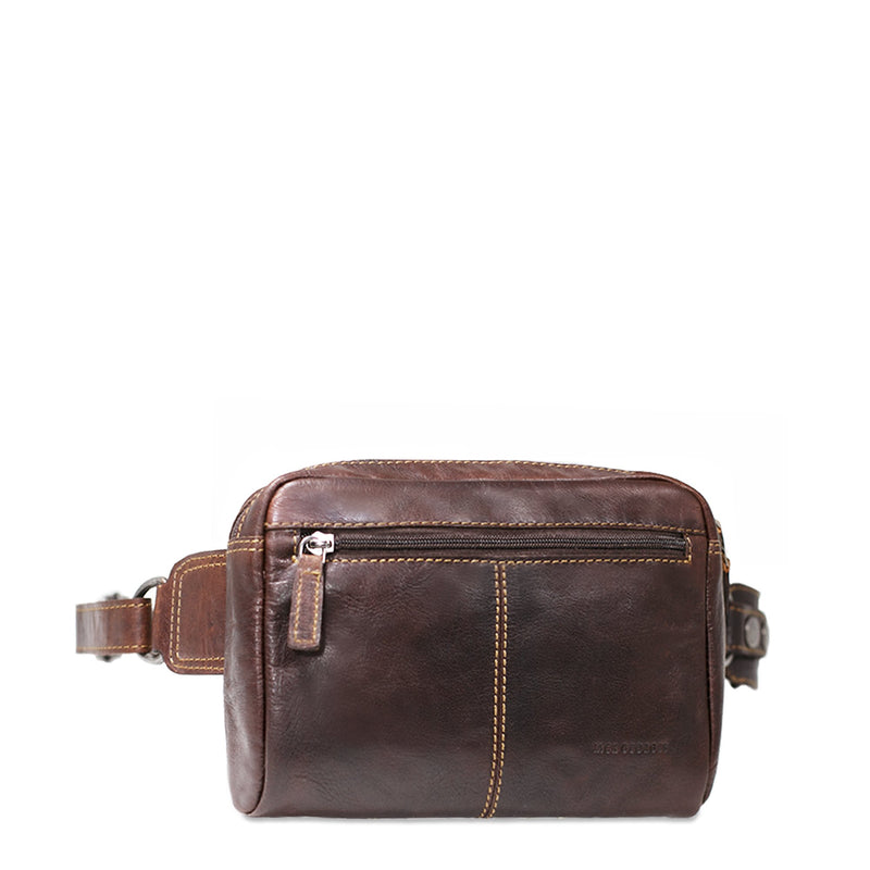 Brown Jack Georges Voyager large travel belt bag, waist pack with multiple compartments and adjustable strap, designed for convenient travel.