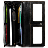 Brown Jack Georges Voyager Clutch Wallet showing multiple card slots, zipper closure, and sleek leather design.