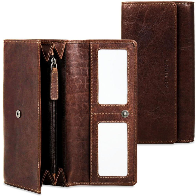 Brown Jack Georges Voyager clutch wallet with multiple card slots and sleek design, made of high-quality leather.