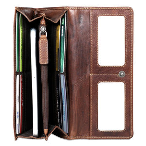 Brown Jack Georges Voyager clutch wallet with multiple card slots and a sleek leather design.