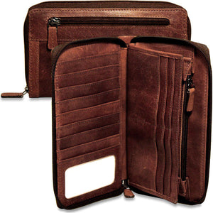 Brown Jack Georges Voyager large zip-around travel wallet with multiple compartments and sleek design for organizing travel essentials.