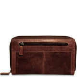 Brown Jack Georges Voyager large zip-around travel wallet with multiple compartments and sleek leather design.