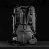 Matador GlobeRider45 travel backpack in white with multiple compartments and padded straps, designed for comfortable travel.
