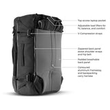 Matador GlobeRider45 travel backpack in white with multiple compartments and adjustable straps, ideal for travel and outdoor adventures.