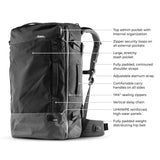 Matador GlobeRider45 travel backpack in white with multiple compartments, designed for durable and organized travel.