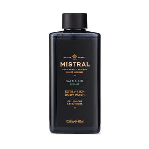 Men's black amber body wash by Mistral, featuring a sleek black bottle with amber accents and a minimalist label design.