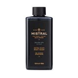 Men's black amber body wash by Mistral, featuring a sleek black bottle with amber accents and a minimalist label design.