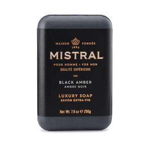Mistral men's black amber bar soap, 250g, with a dark amber-colored soap bar and packaging featuring the Mistral brand label.
