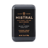 Mistral men's black amber bar soap, 250g, with a dark amber-colored soap bar and packaging featuring the Mistral brand label.