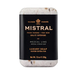 Mistral men's bar soap in black amber scent, 250g, with a textured soap bar and packaging visible.