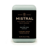 Mistral men's bar soap with black amber scent, 250g, displaying the soap bar and packaging in the image.