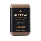 Mistral men's bar soap in black amber scent, 250g, with a sleek black packaging and a smooth soap bar inside.