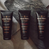 Mistral men's post shave balm in black amber, featuring a sleek container with a smooth balm texture for soothing after-shave care.