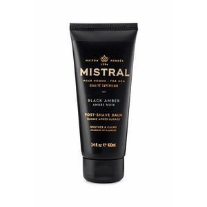 Mistral men's post shave balm in black amber, showing the sleek jar with black amber scent and brand logo.
