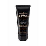 Mistral men's post shave balm in black amber, showing the sleek jar with black amber scent and brand logo.