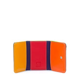 Black Mywalit mini tri-fold wallet with multiple card slots and compact design, made of colorful leather.